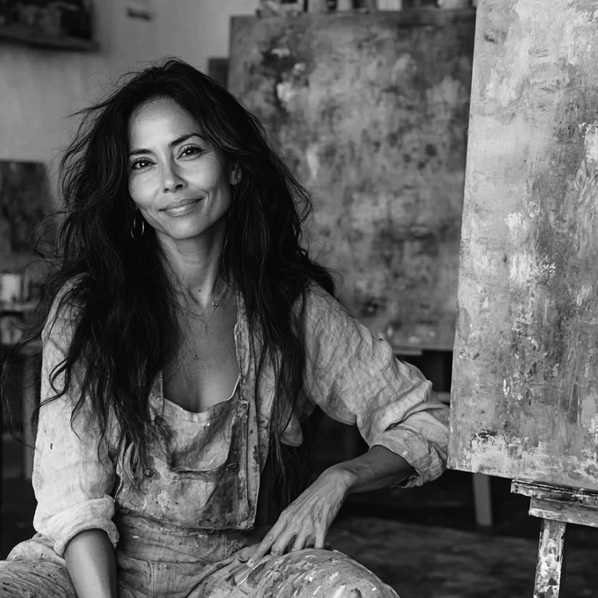 Adah uses these simple colors and geometric elements, and her paintings follow a mature artistic style,