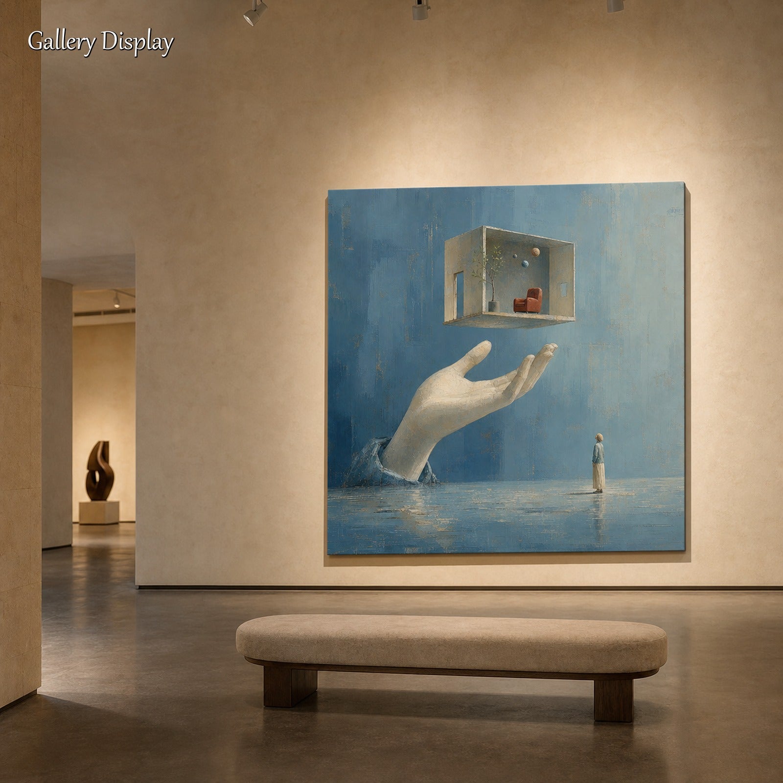 Surrealist Abstract Painting With Giant Hand And Floating Room In Blue Beige Tones