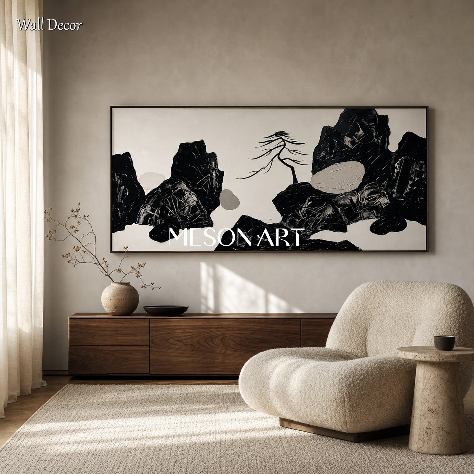 Large Black And White Textured Painting Abstract Landscape Art For Living Room