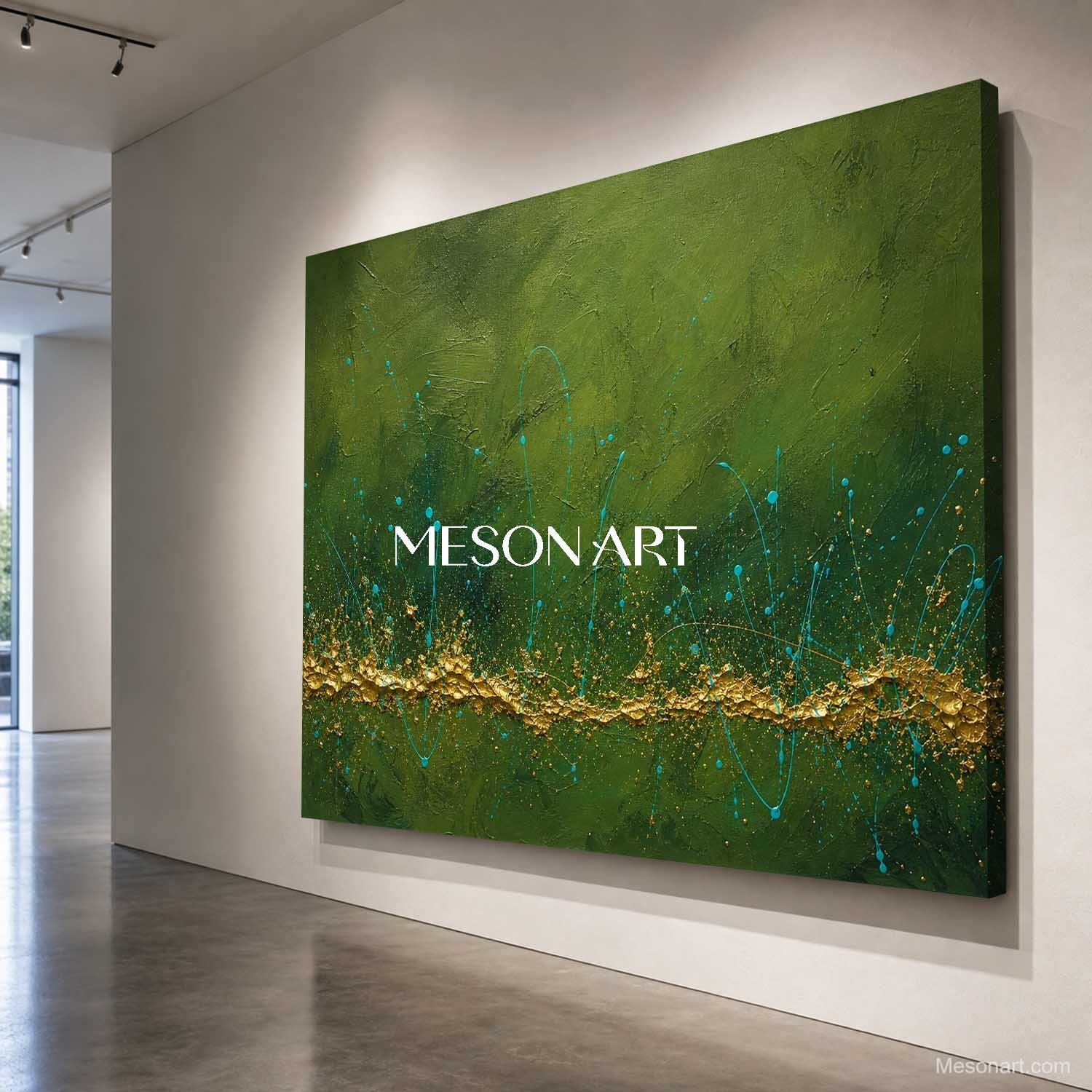 Green And Gold Abstract Painting With Textured Relief For Modern Living Room Decor