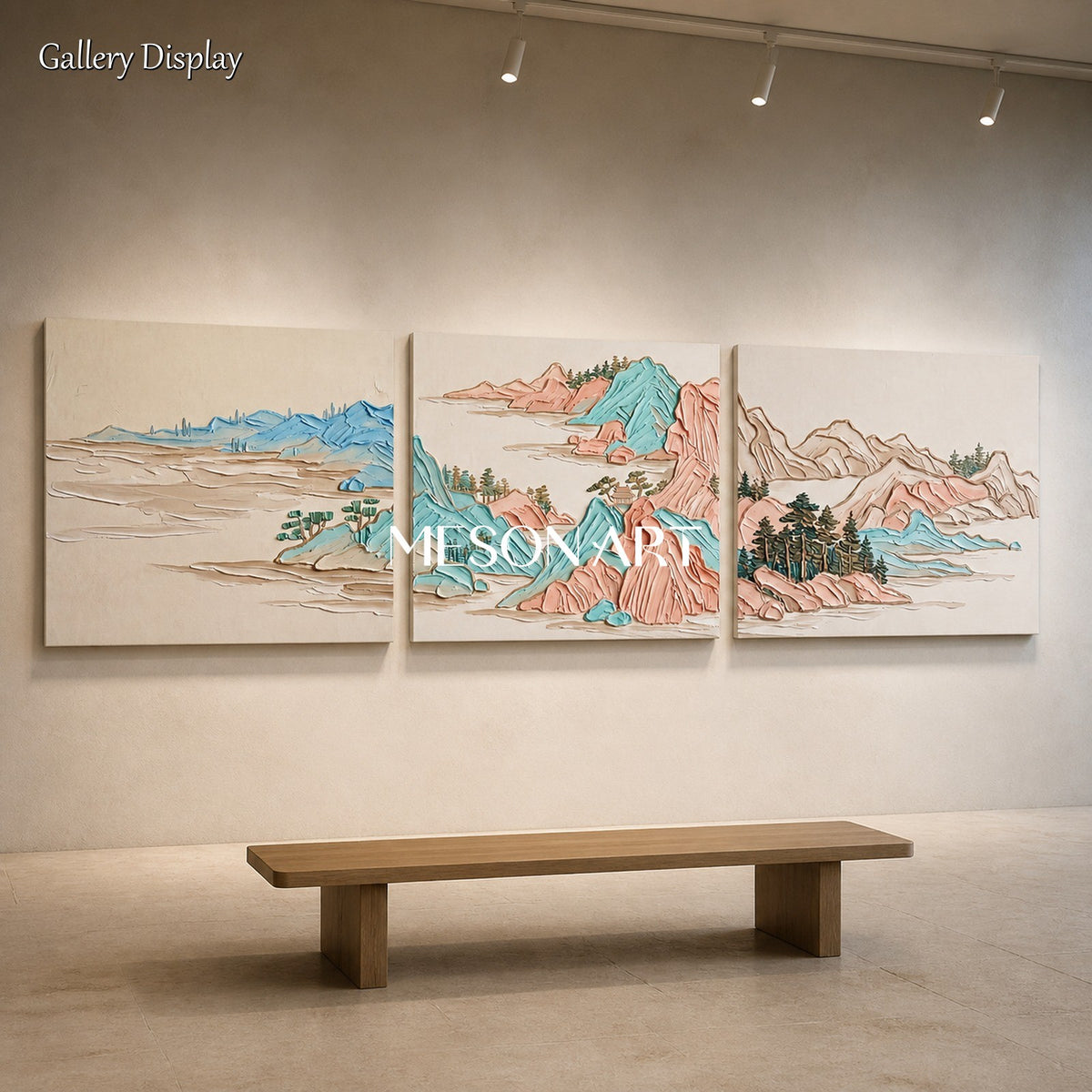 Beige And Blue Modern Impasto Mountain Painting Rectangular Wall Art For Living Room By Mesonart