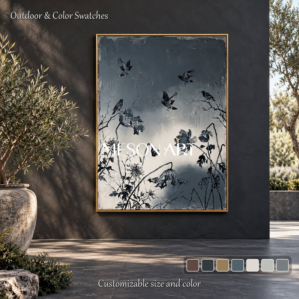 Black And White Crow Floral Painting Rectangular Wall Art Original Artist Hand Painted By Mesonart