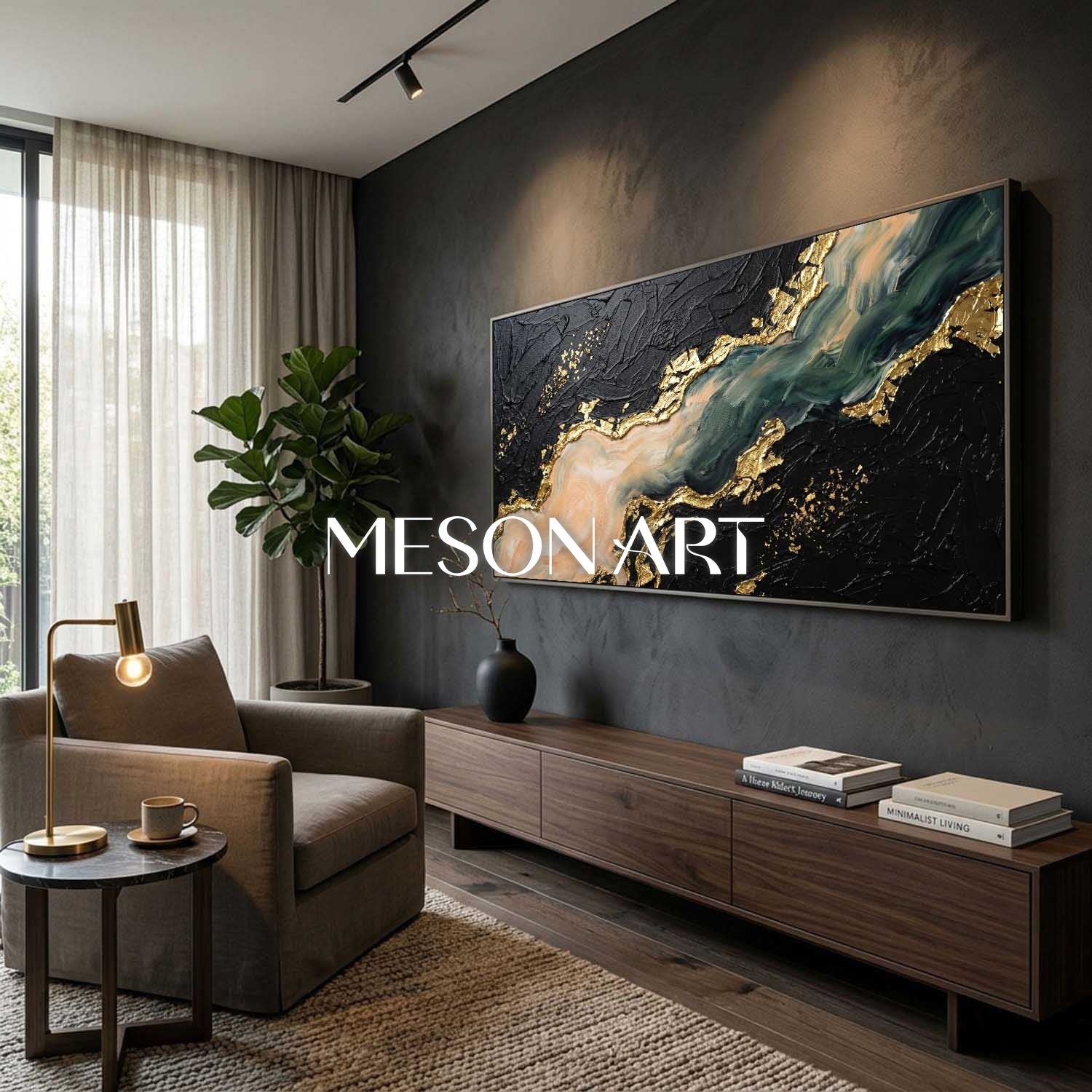 Luxury Black And Gold Plaster Abstract Art With Fluid Motion For Modern Living Room