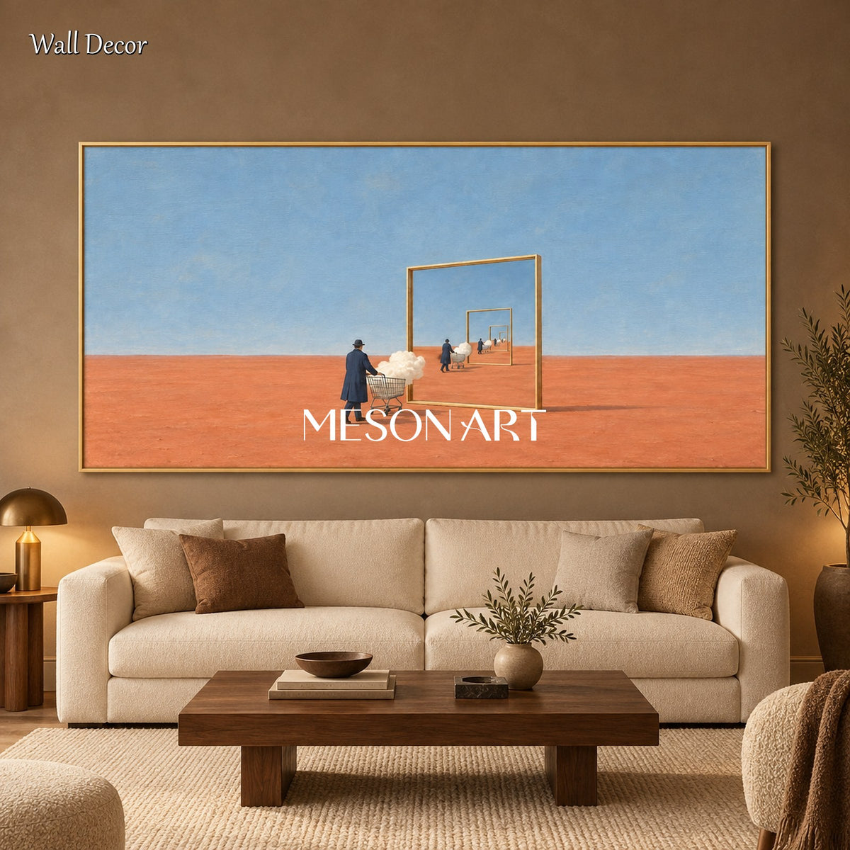 Dipinto astratto e surrealista su specchio nei toni del blu e del marrone – Grande opera d’arte panoramica da parete per il soggiorno, firmata Mesonart