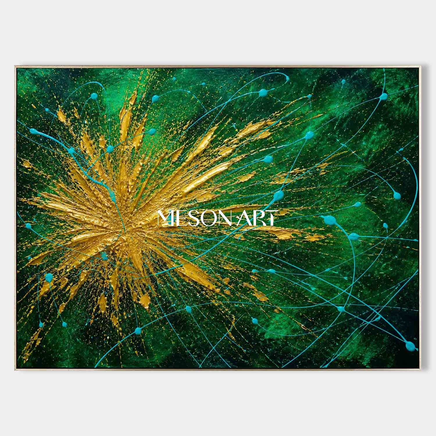 Abstract Gold And Green Explosion Art For Modern Living Room With Metallic Accents
