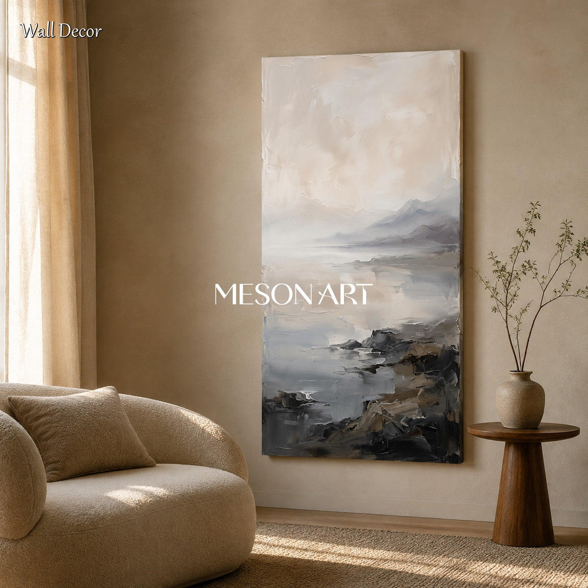 Gray And White Neutral Panoramic Art Painting For Wall By Artist Original Framed Large Artwork By Mesonart