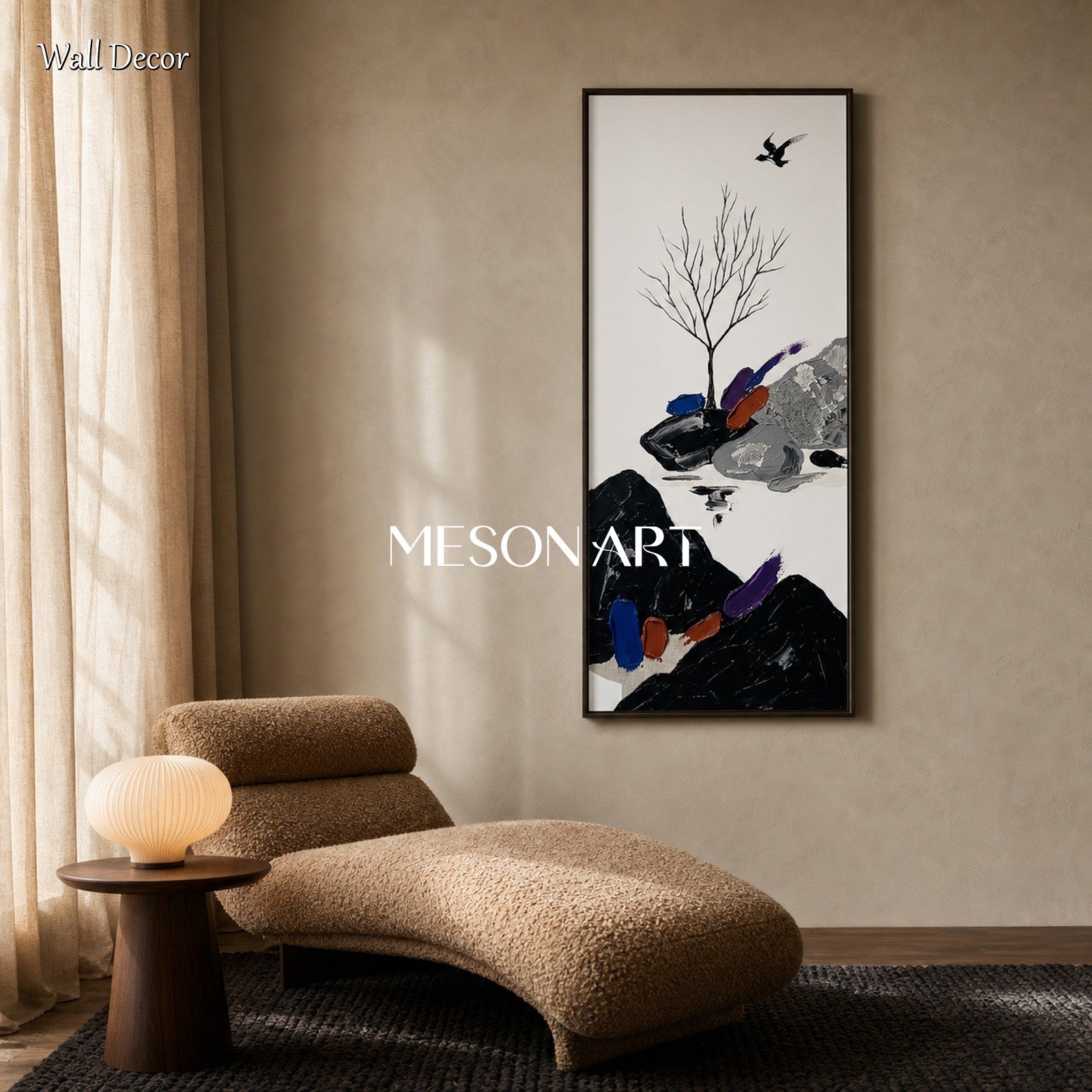 Large Black And White Abstract Landscape Painting With Color Accents For Living Room