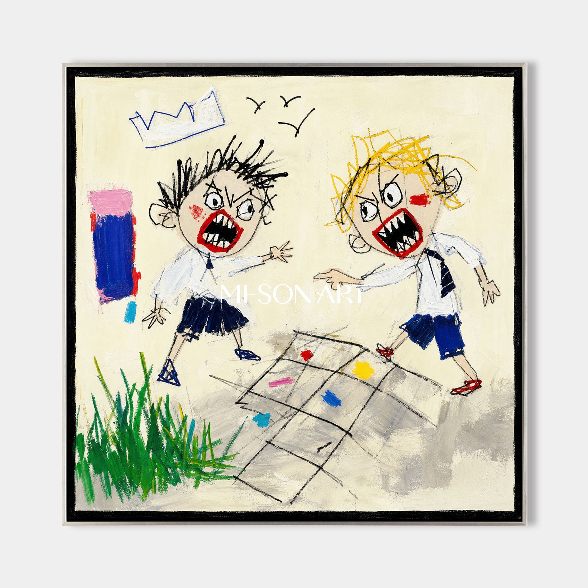Whimsical Pop Art Painting With Bold Characters For Modern Living Room And Kids Room Decor