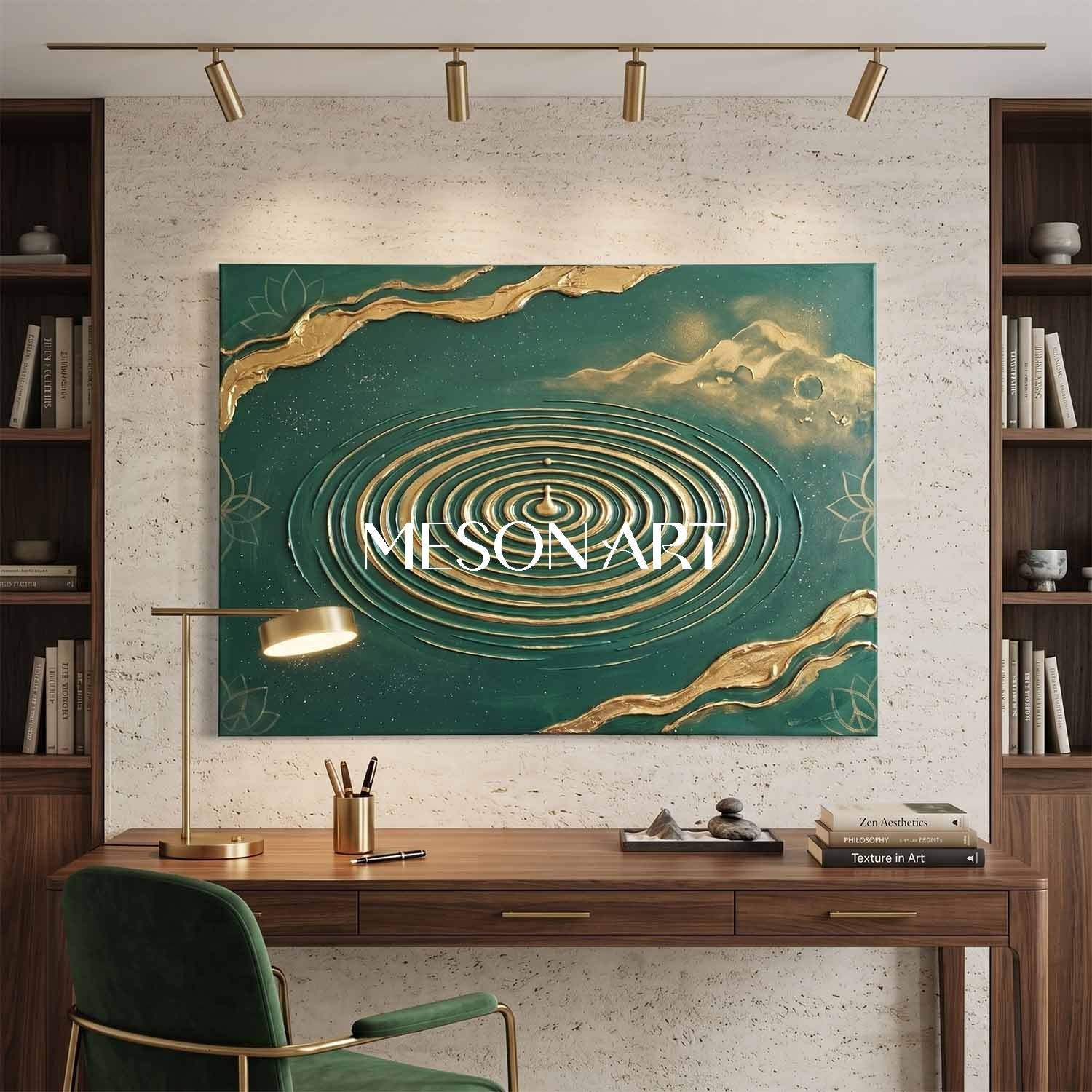 Emerald Green And Gold Textured Art Deco Painting For Modern Living Room Decor