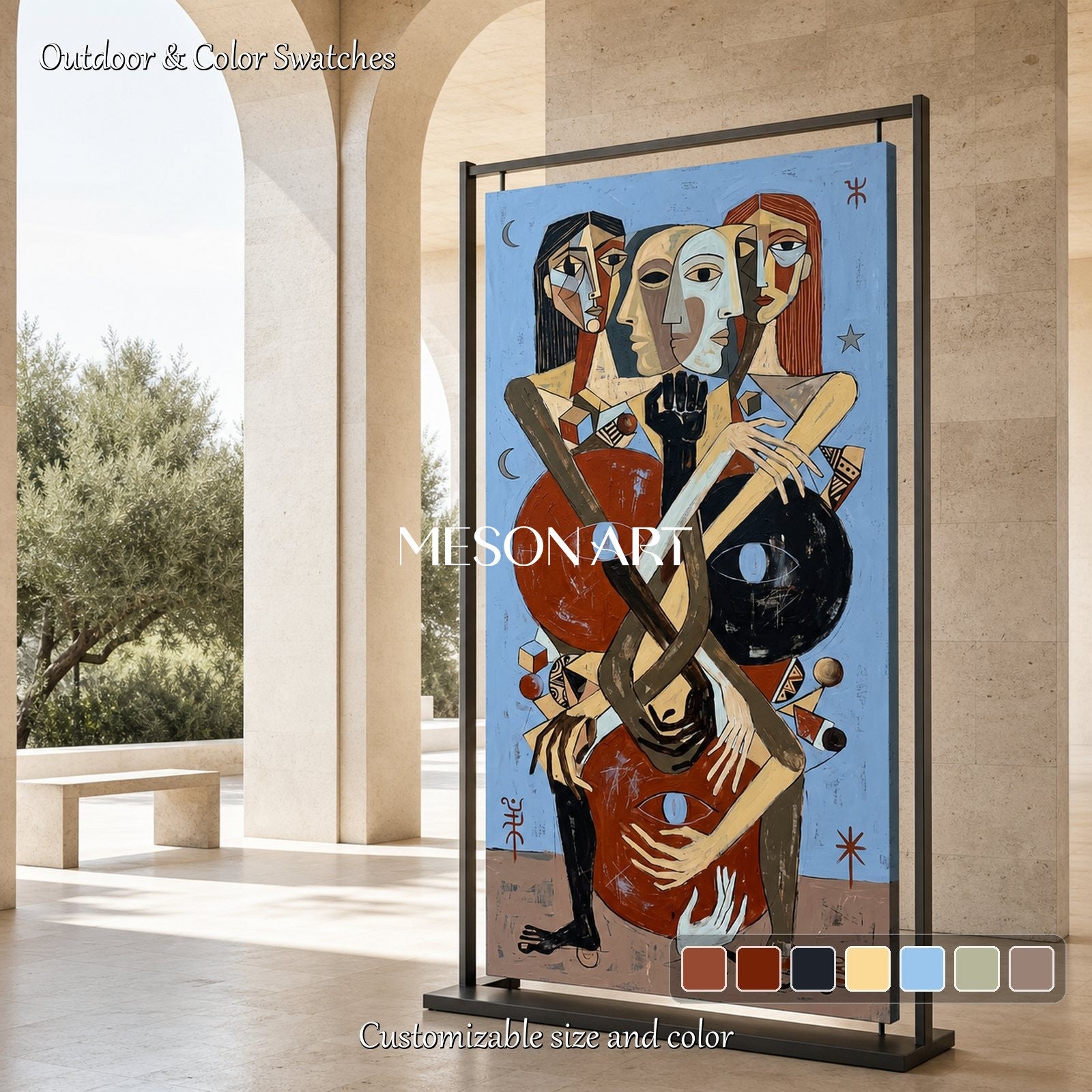 Blue And Brown Expressionist Figurative Abstract Painting Panoramic Wall Art For Living Room By Mesonart