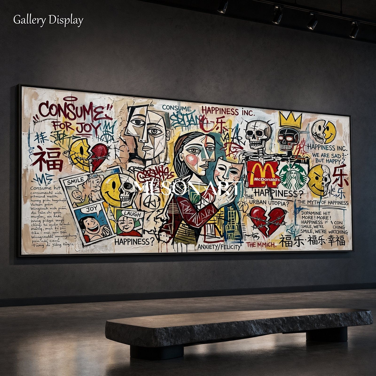 Urban Happiness Paradox Abstract Pop Art Painting With Consumer Icons For Modern Living Room Decor