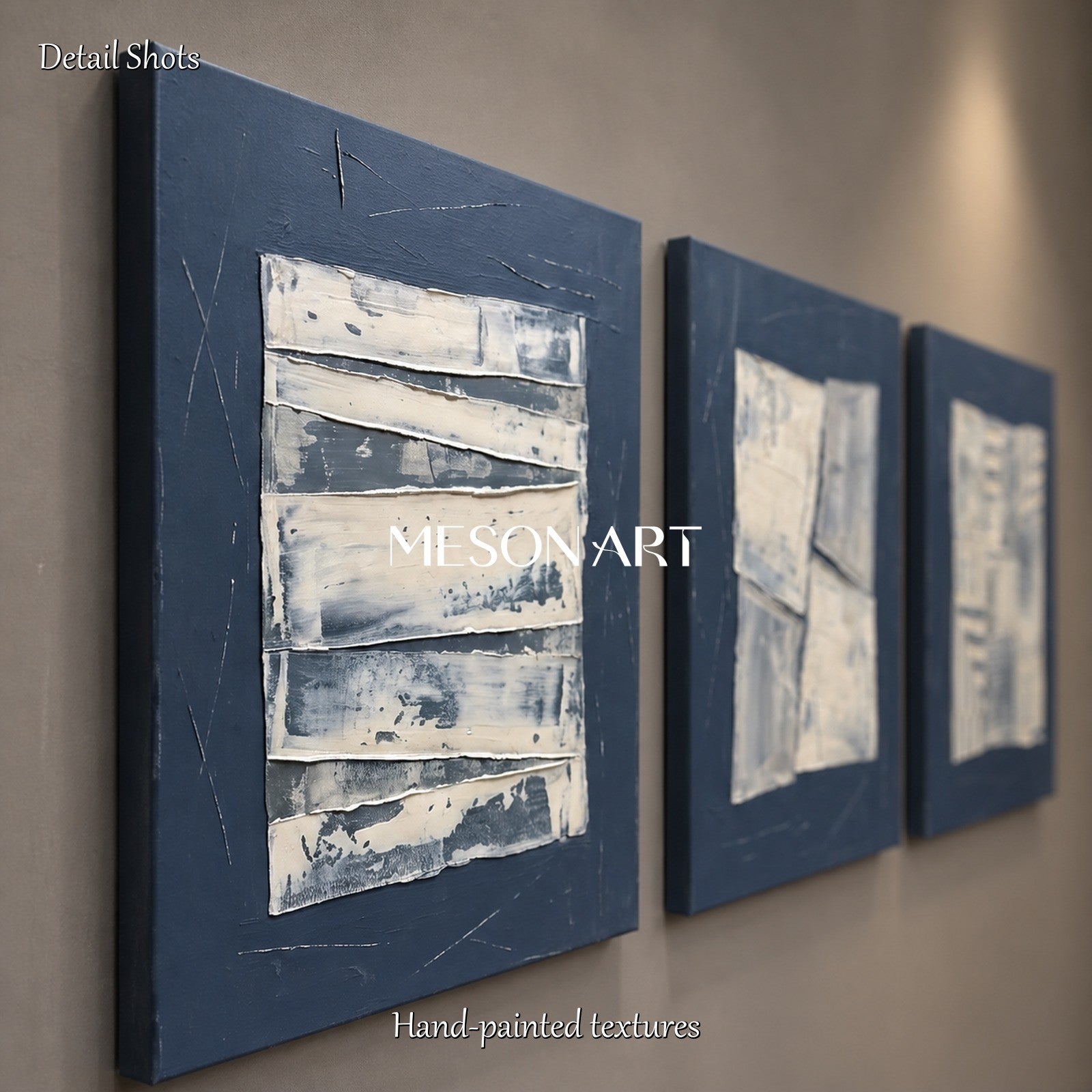 Navy Blue Abstract Triptych Wall Art Set Of Three Geometric Paintings For Modern Home Decor