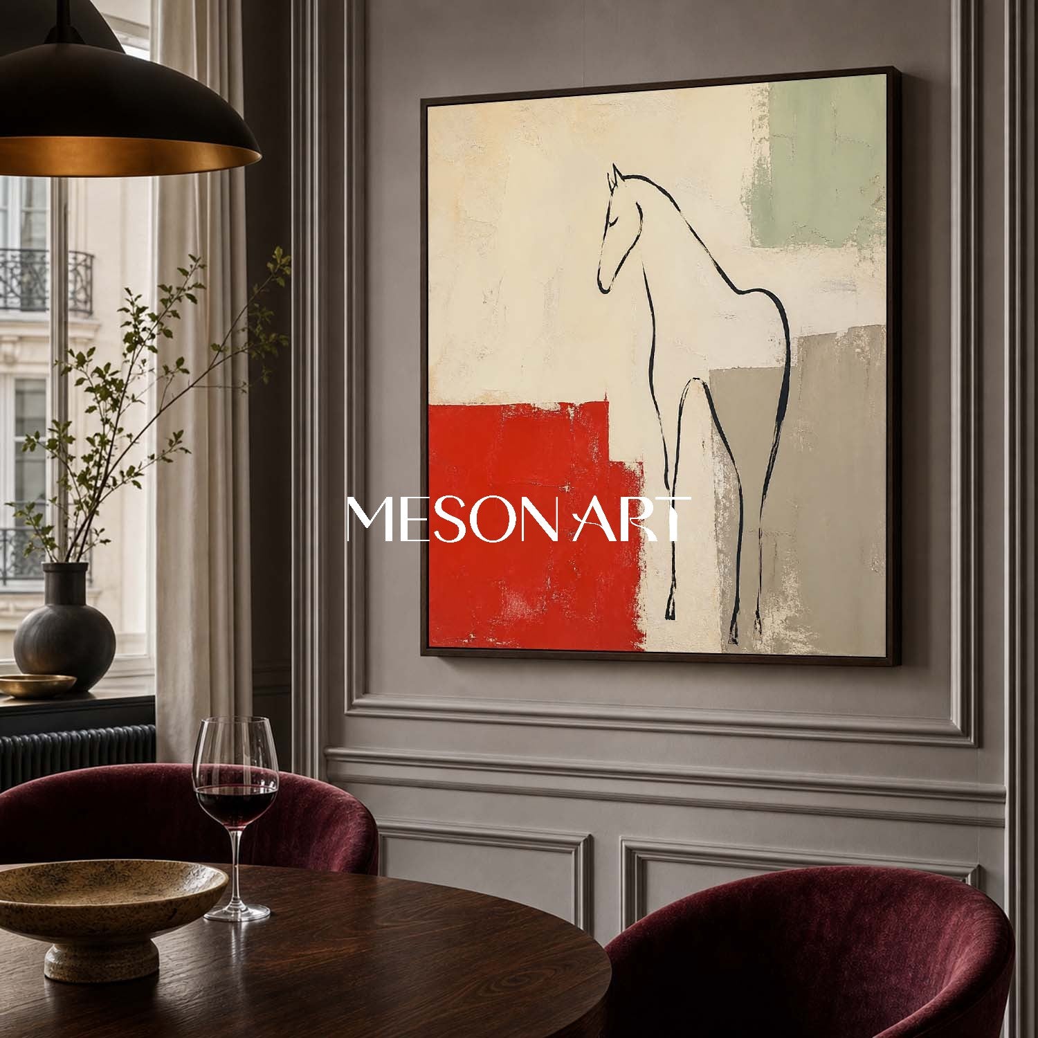Minimalist Horse Painting With Red Accent For French Romantic Living Room Decor