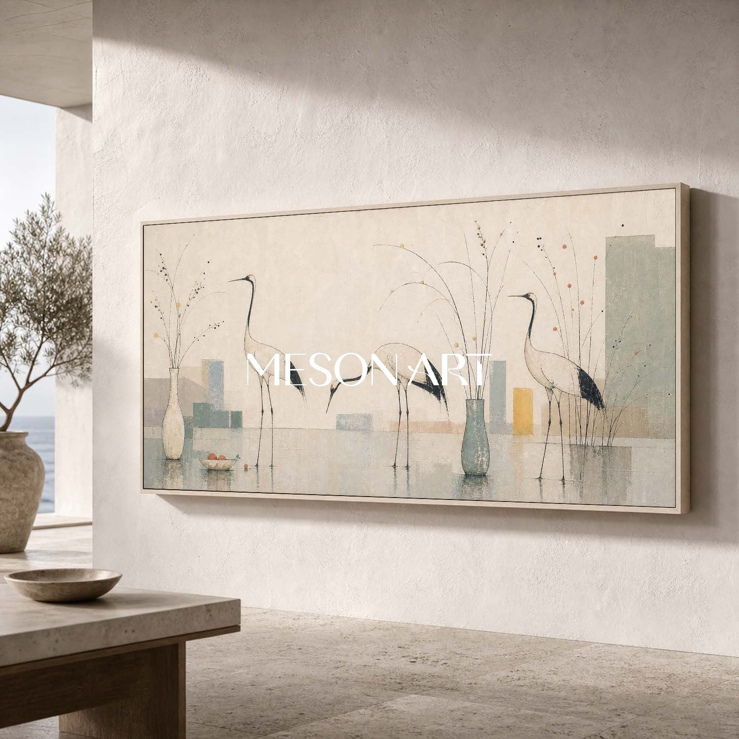 Large Minimalist Crane Wall Art With Still Life For Modern Living Room Decor