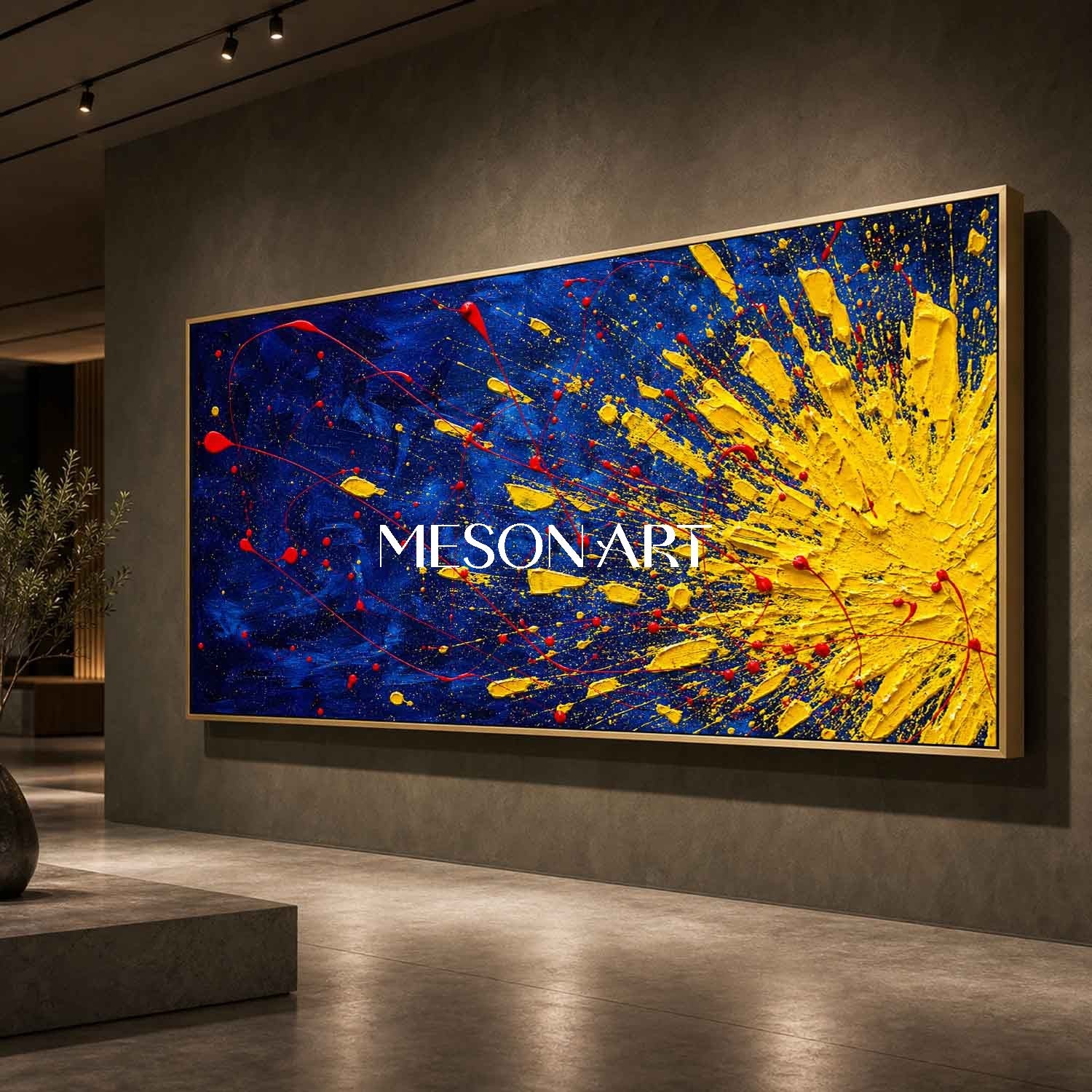 Pollock Abstract Style Painting Blue Yellow Red Explosion Art For Living Room