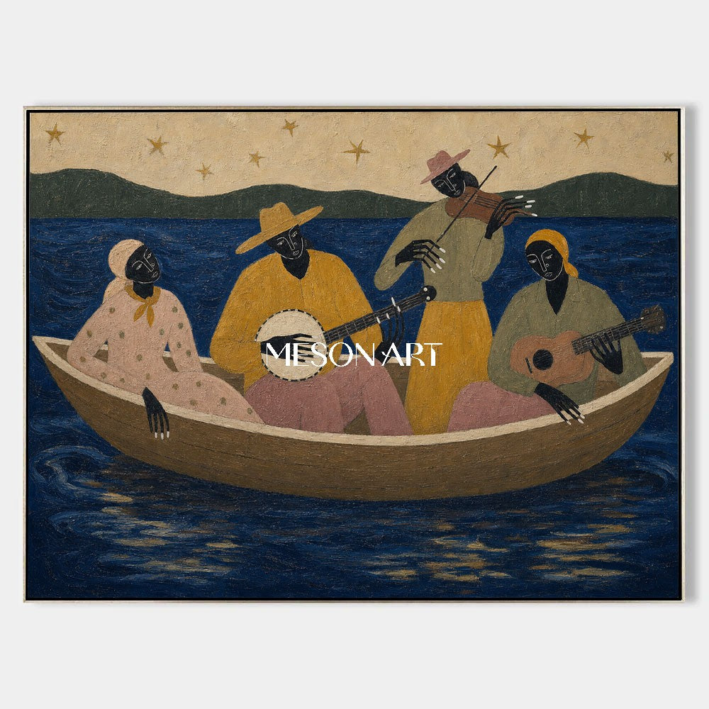 Expressive Musician Boat Painting With Ocean Stars For Living Room Decor