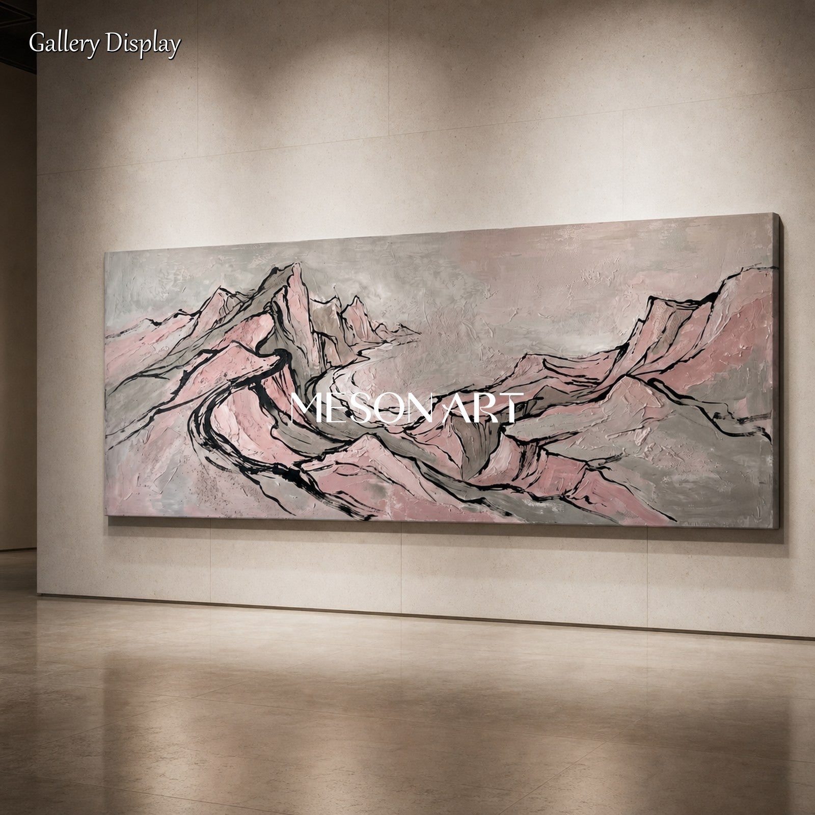 Large Pink And Black Abstract Mountain Wall Art For Modern Living Room Decor