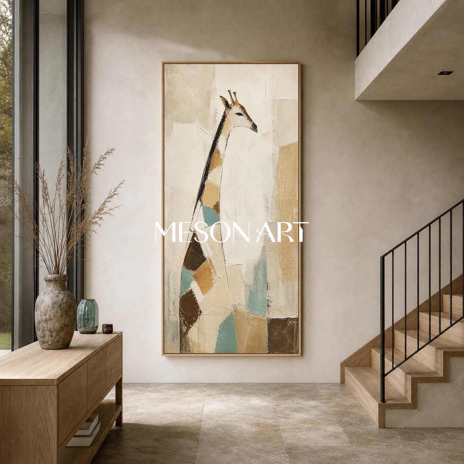 Abstract Giraffe Wall Art In Art Deco Style With Textured Linen Canvas For Modern Home