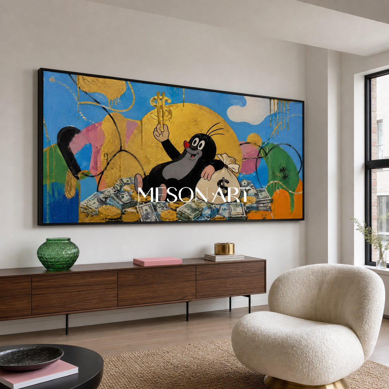 Golden Fortune Fable Pop Art Painting With Cartoon Character For Modern Living Room Decor