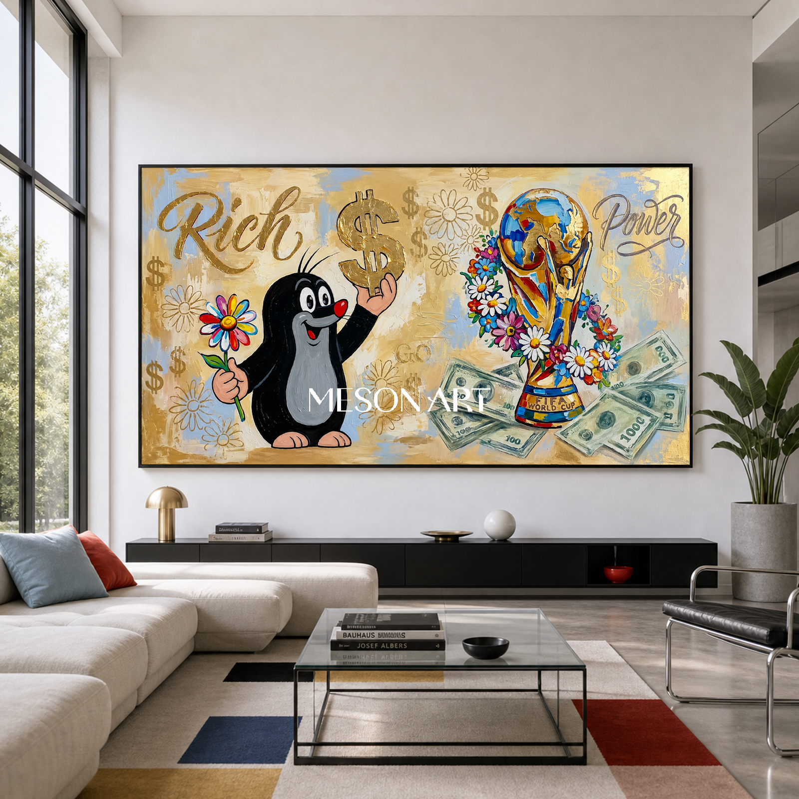 Luxury Gold Pop Art Painting With Cartoon Mole And Dollar Signs For Modern Living Room Decor