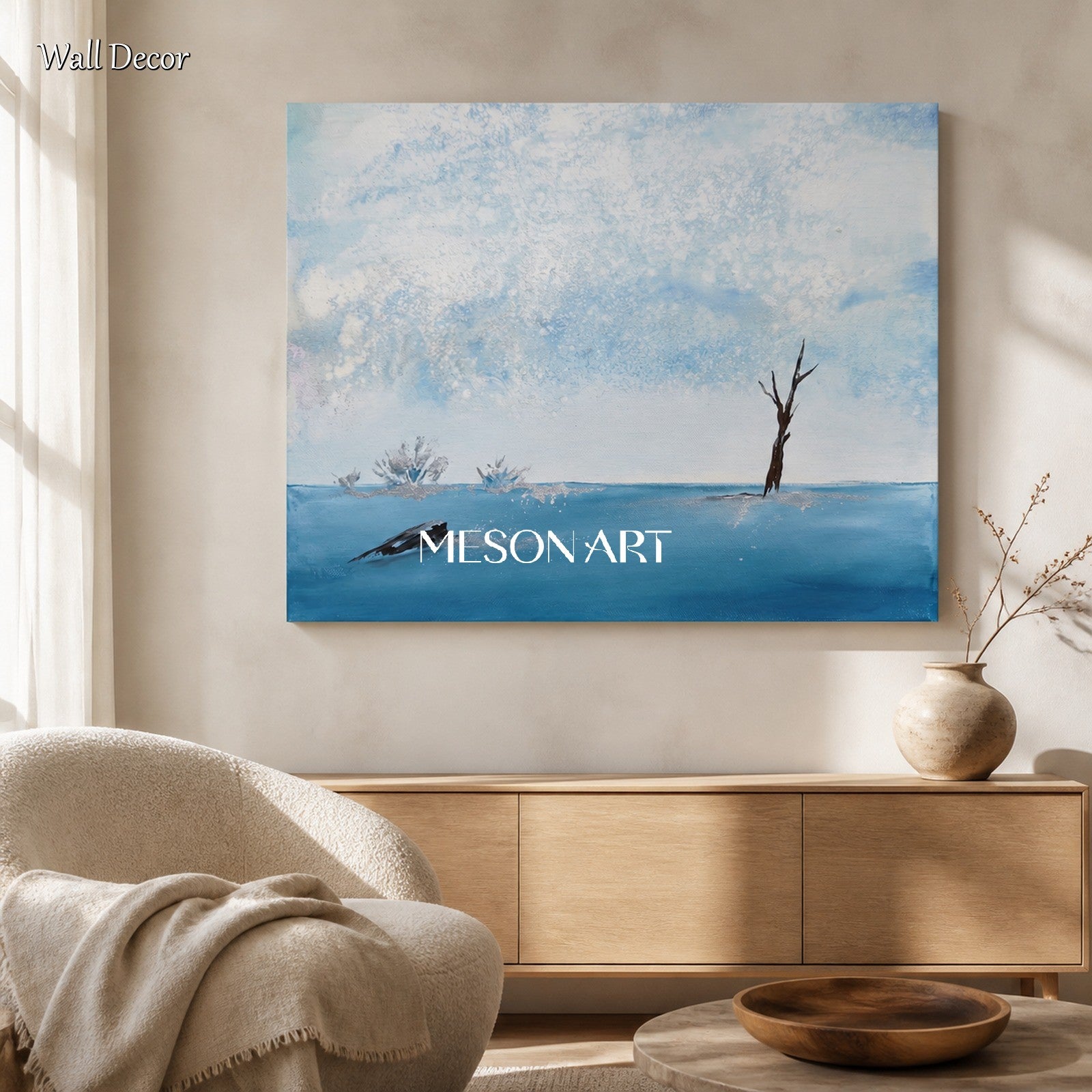 Blue And White Abstract Landscape Painting Rectangular Wall Art Modern Textured Original Artist By Mesonart
