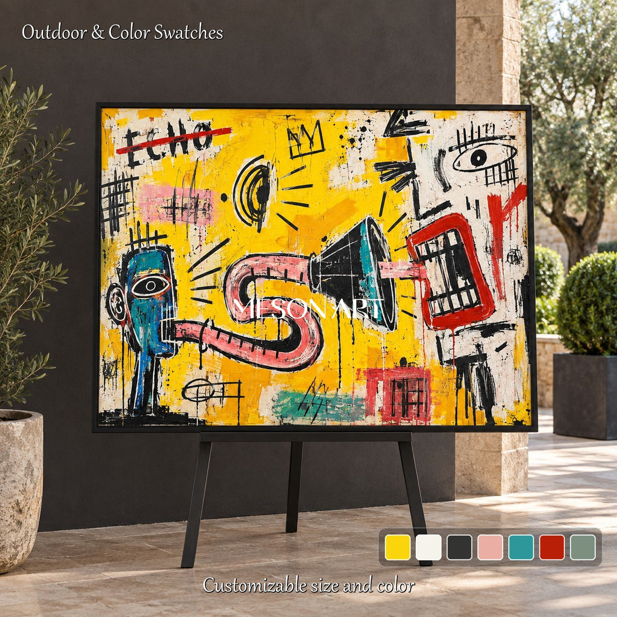 Yellow And Red Abstract Painting Neo Expressionist Street Art Rectangular Wall Decor For Living Room By Mesonart
