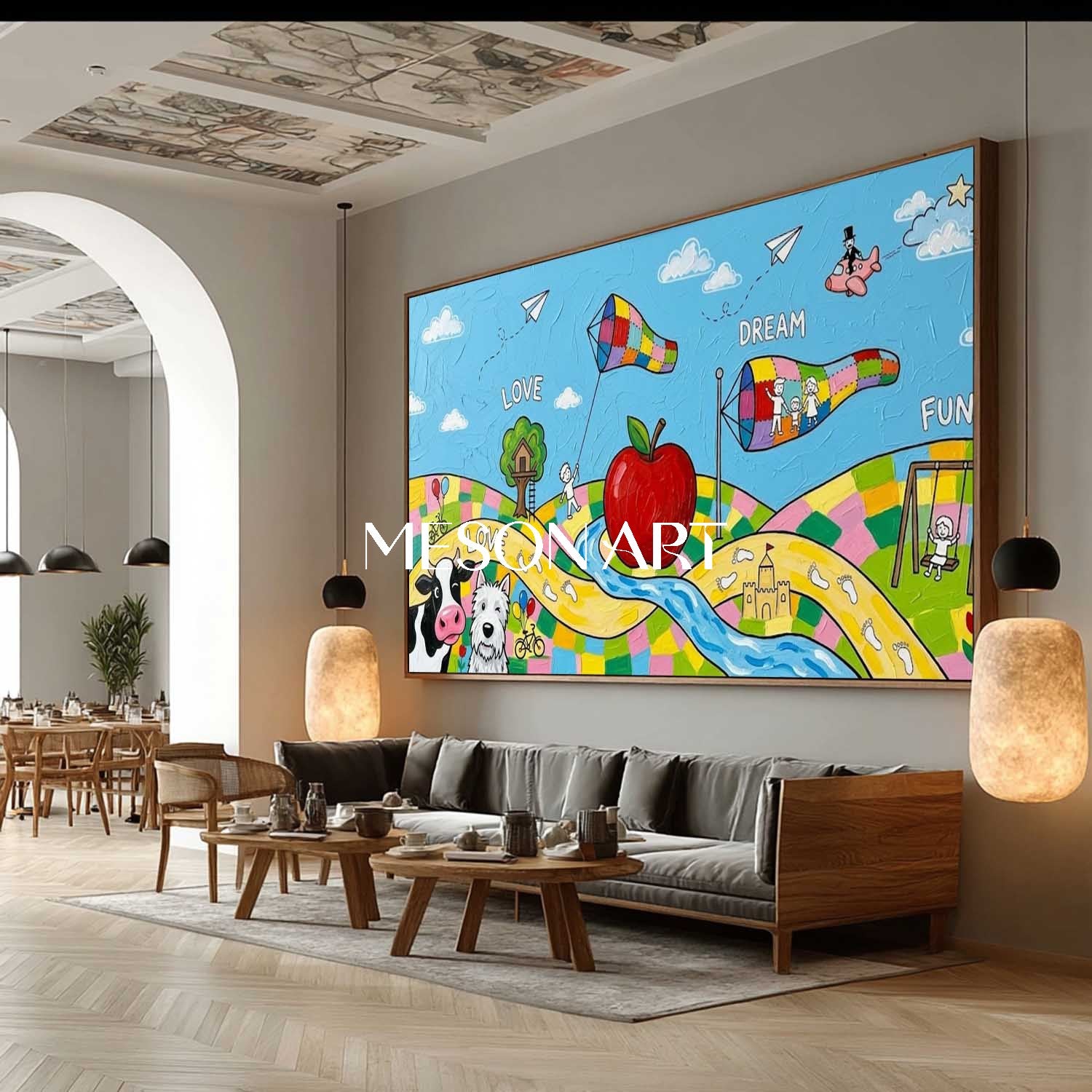Whimsical Surrealist Painting For Kids Room With Colorful Animals And Dreams