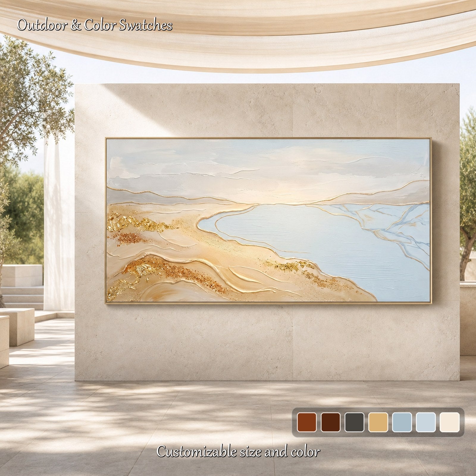 Grande quadro astratto con foglia d'oro raffigurante la spiaggia, con sabbia e mare – Decorazione da parete per il soggiorno