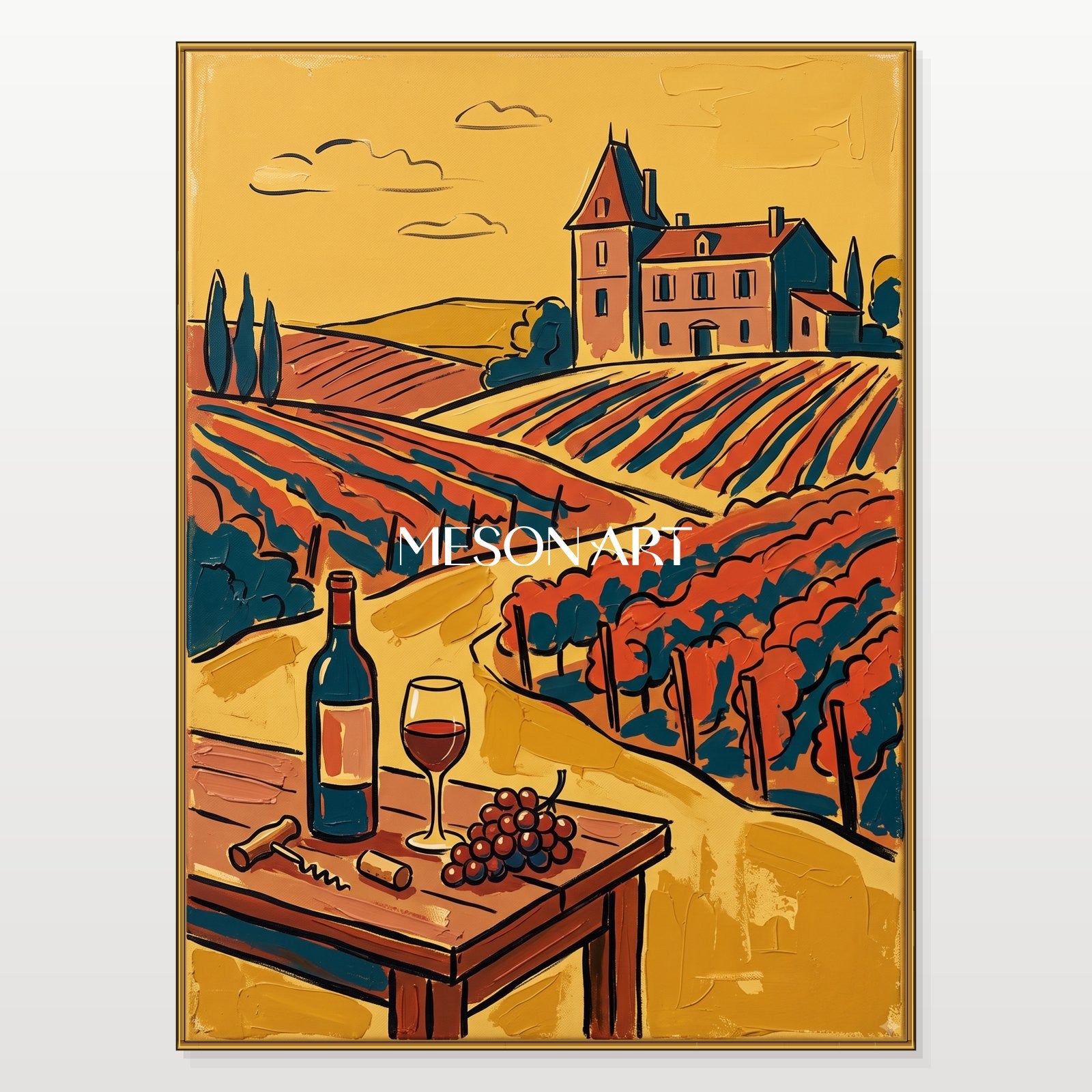 Gold And Red Contemporary Figurative Vineyard Landscape Painting Rectangular Wall Art For Dining Room By Mesonart