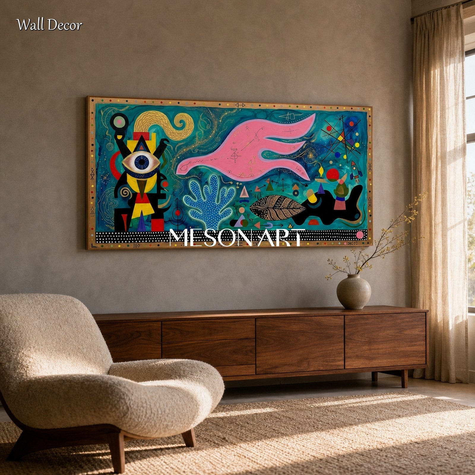 Vibrant Surrealist Abstract Painting With Cosmic Blue And Pink For Modern Living Room Decor