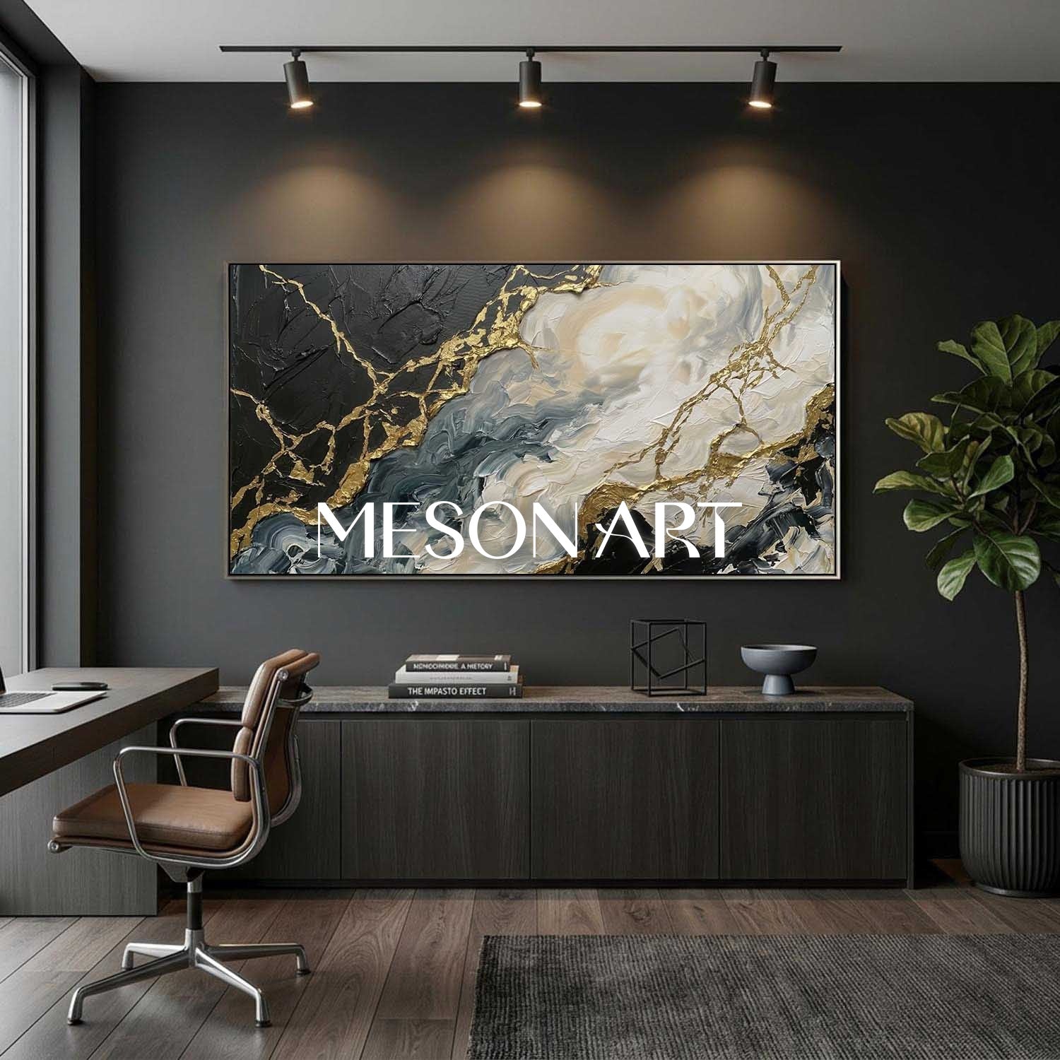 Gilded Tides Abstract Plaster Art With Gold Veins For Modern Living Room Decor