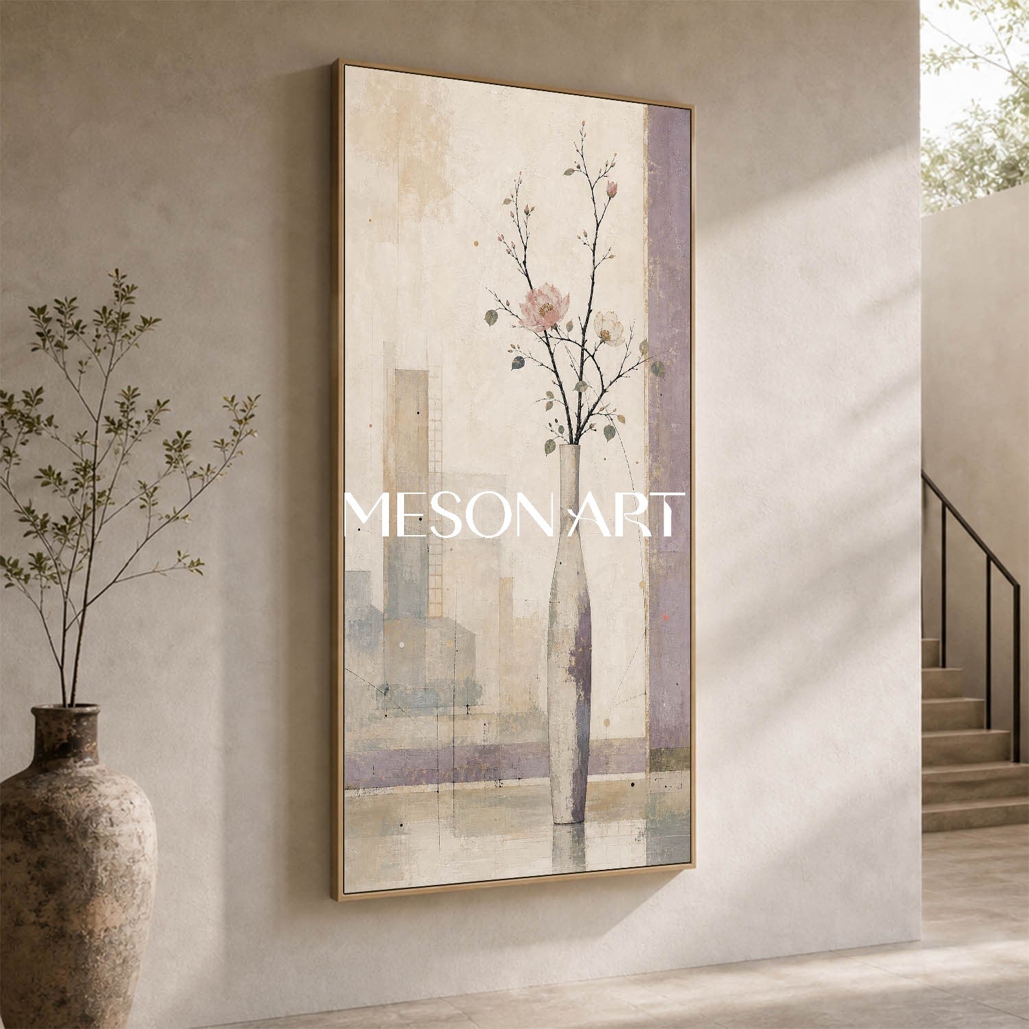 Large Floral Still Life Painting For Narrow Walls And Entryway Decor With Abstract Urban Background
