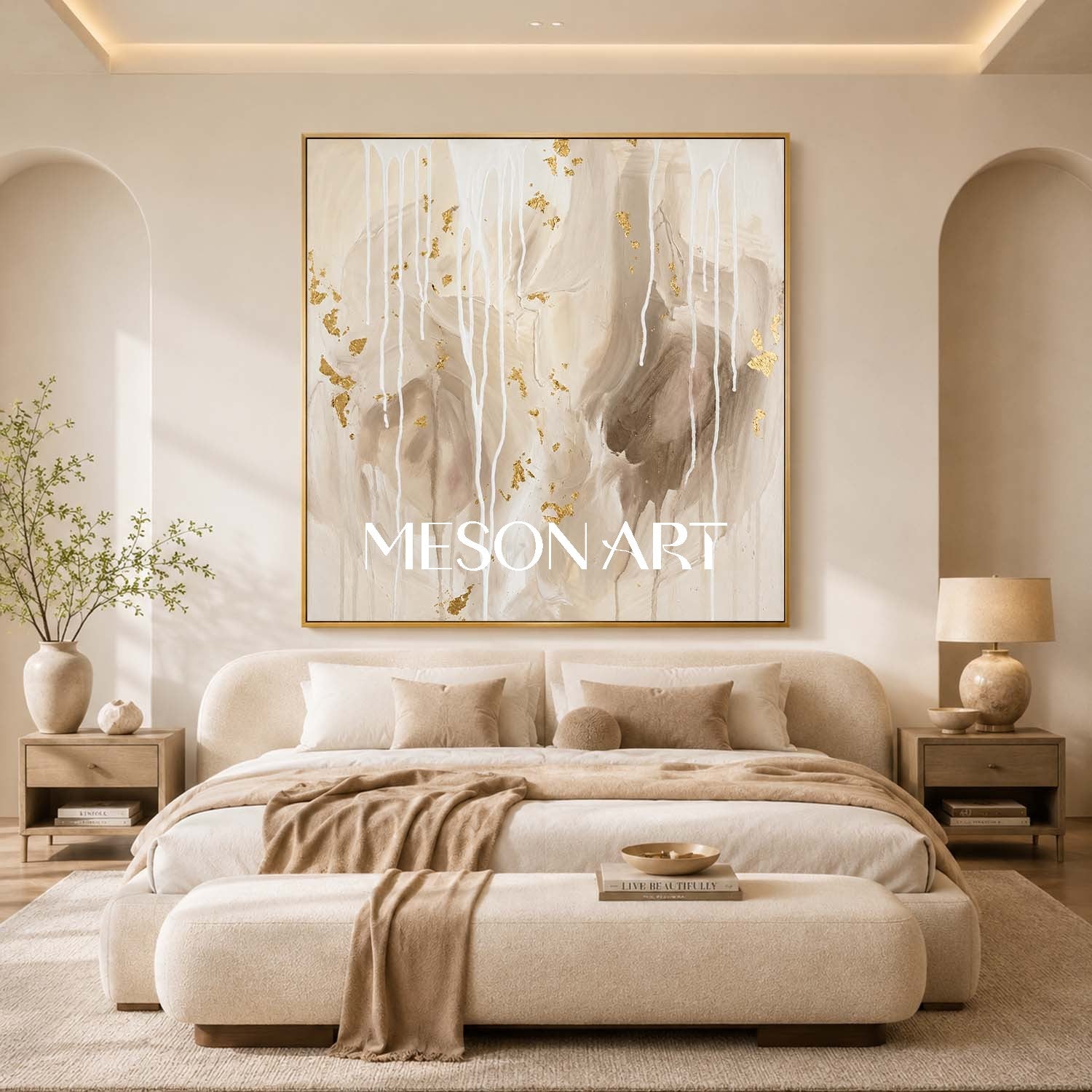 Gilded Abstract Painting With Gold Leaf For Modern Living Room Decor