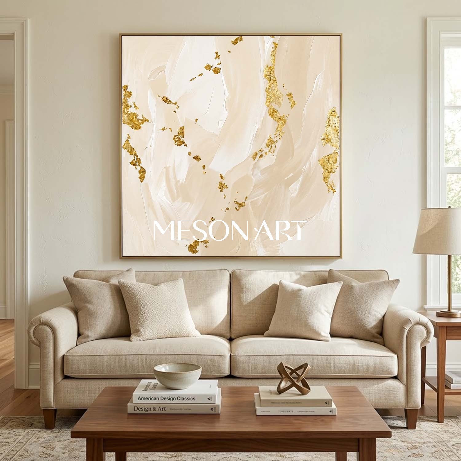 Luxury Gold Leaf Abstract Painting Beige Minimalist Art For Modern Home Decor