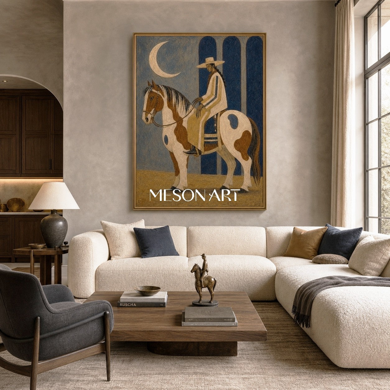 Moonlit Cowboy Horse Painting Art Deco Style Textured Canvas Wall Decor For Living Room Office