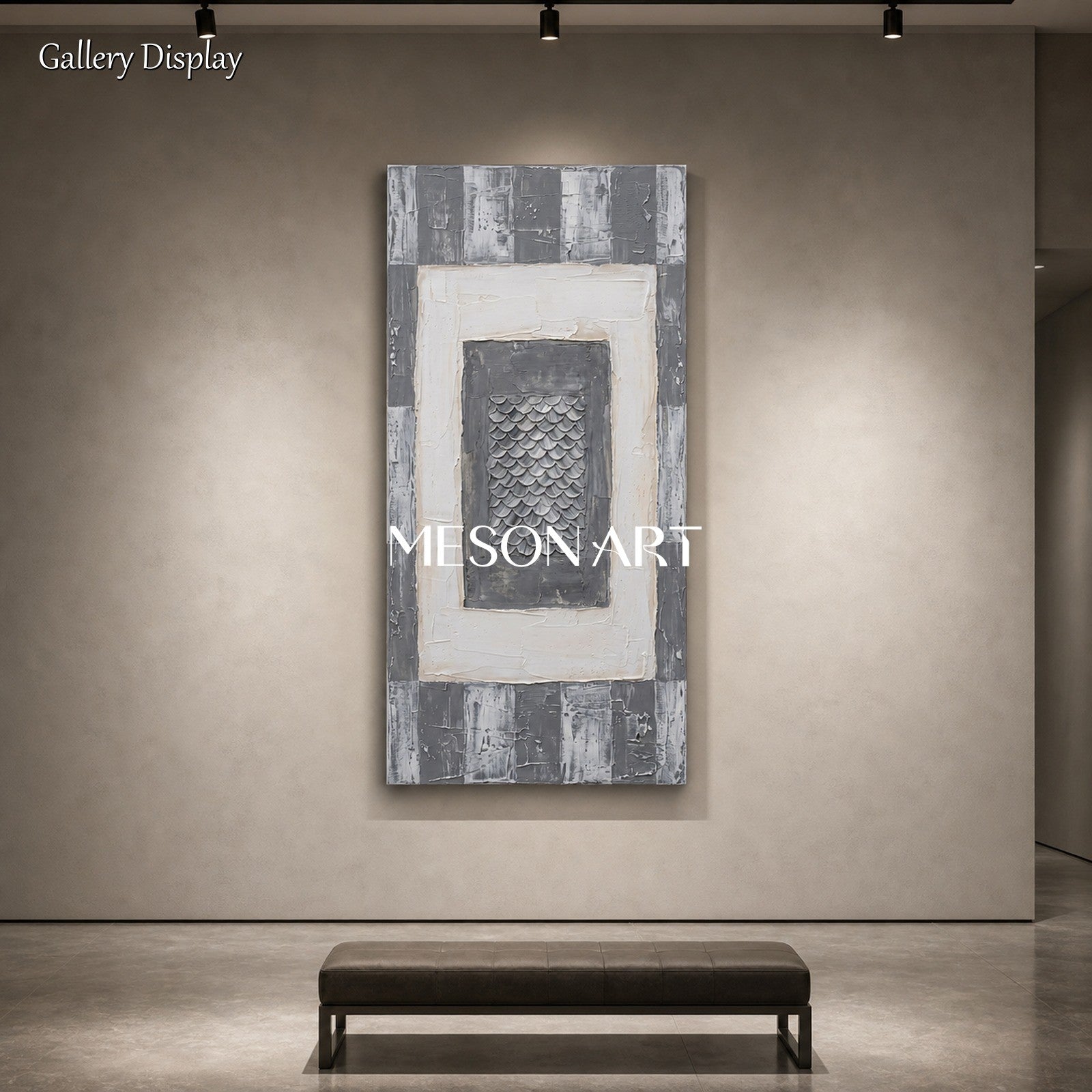 Gray And White Abstract Geometric Painting With Rich Textured Relief For Modern Living Room Decor