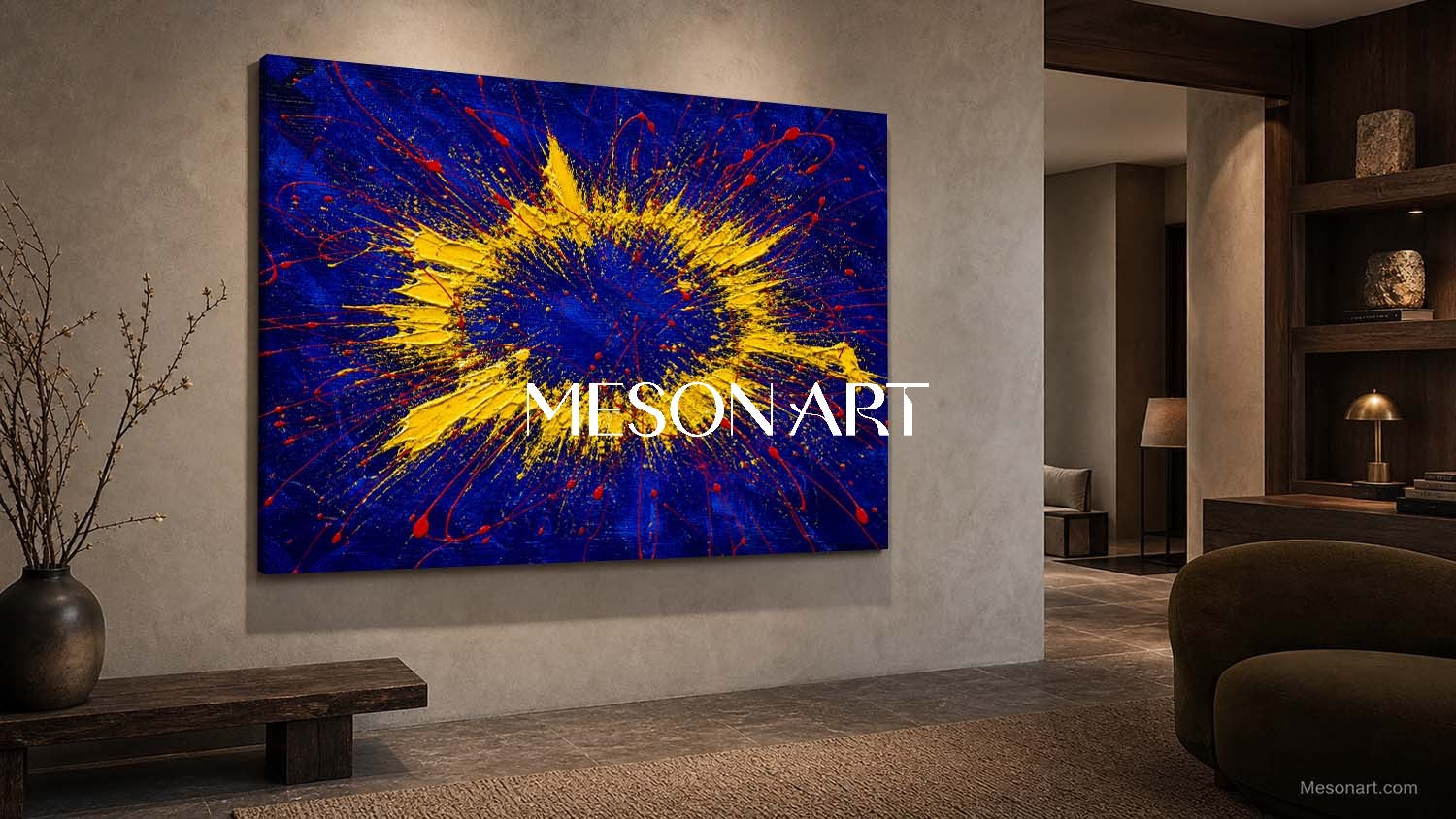 Blue Yellow Abstract Explosion Painting Original Art For Modern Living Room Entryway Decor