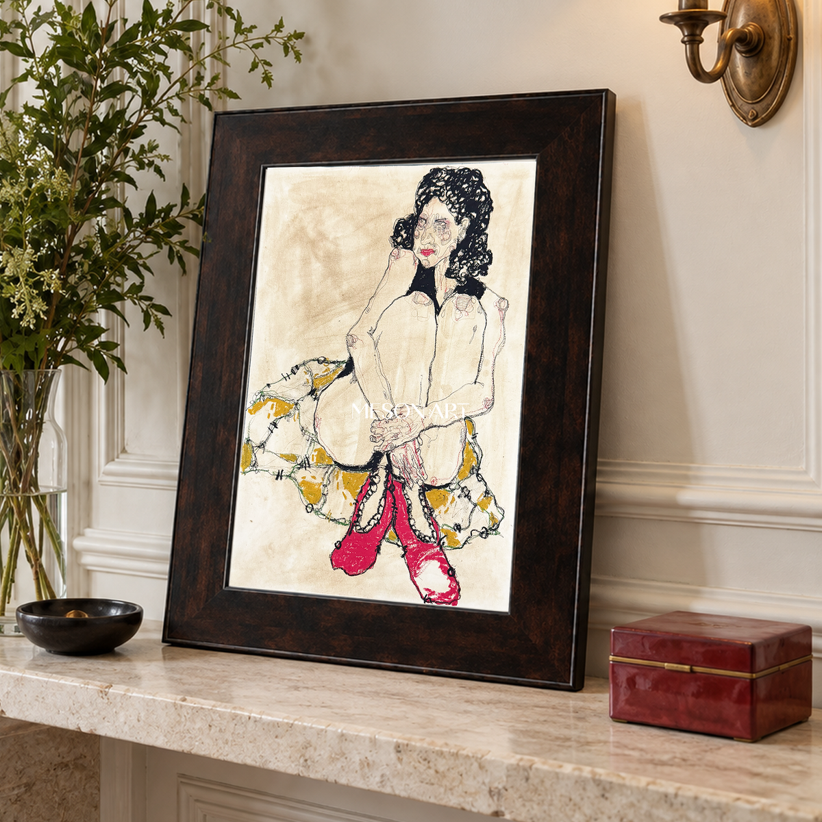 Beige And Red Abstract Figurative Painting Original Artist Hand Painted Rectangular Wall Art For Living Room By Mesonart