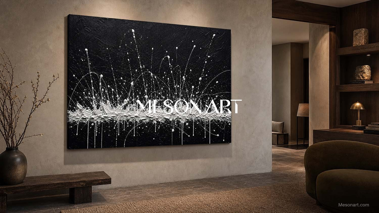 Black And White Abstract Painting For Modern Living Room With Textured Relief Effect