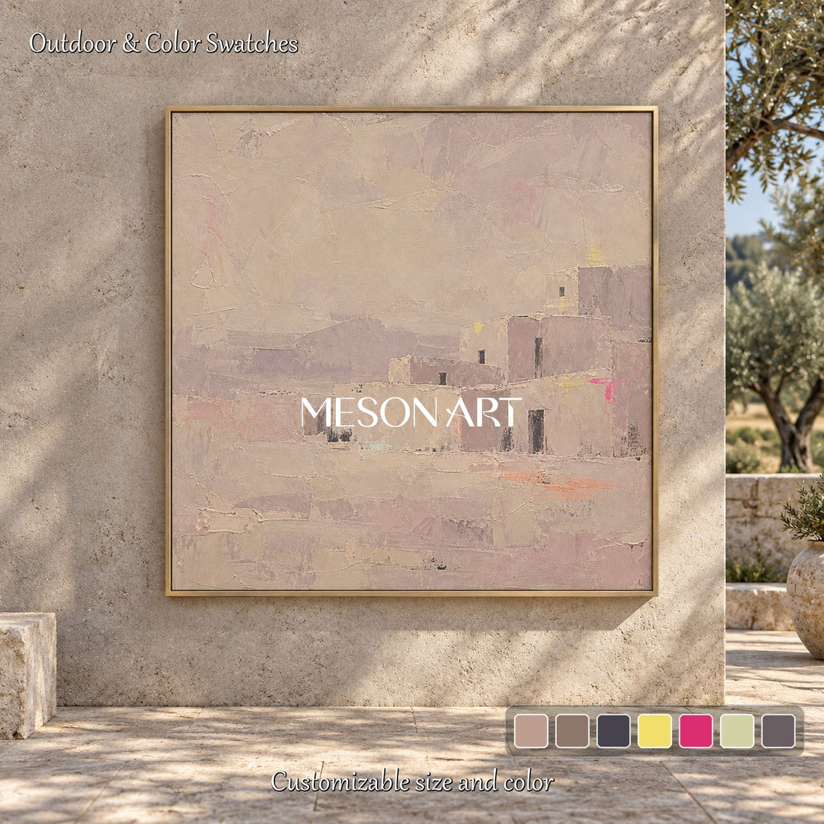 Neutral Beige Abstract Landscape Square Wall Art Palette Knife Painting By Mesonart