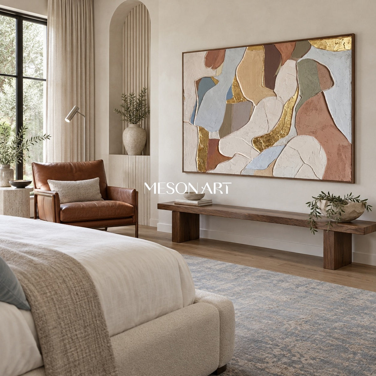 Beige And Gold Abstract Textured Organic Minimal Modern Rectangular Wall Art For Living Room By Mesonart