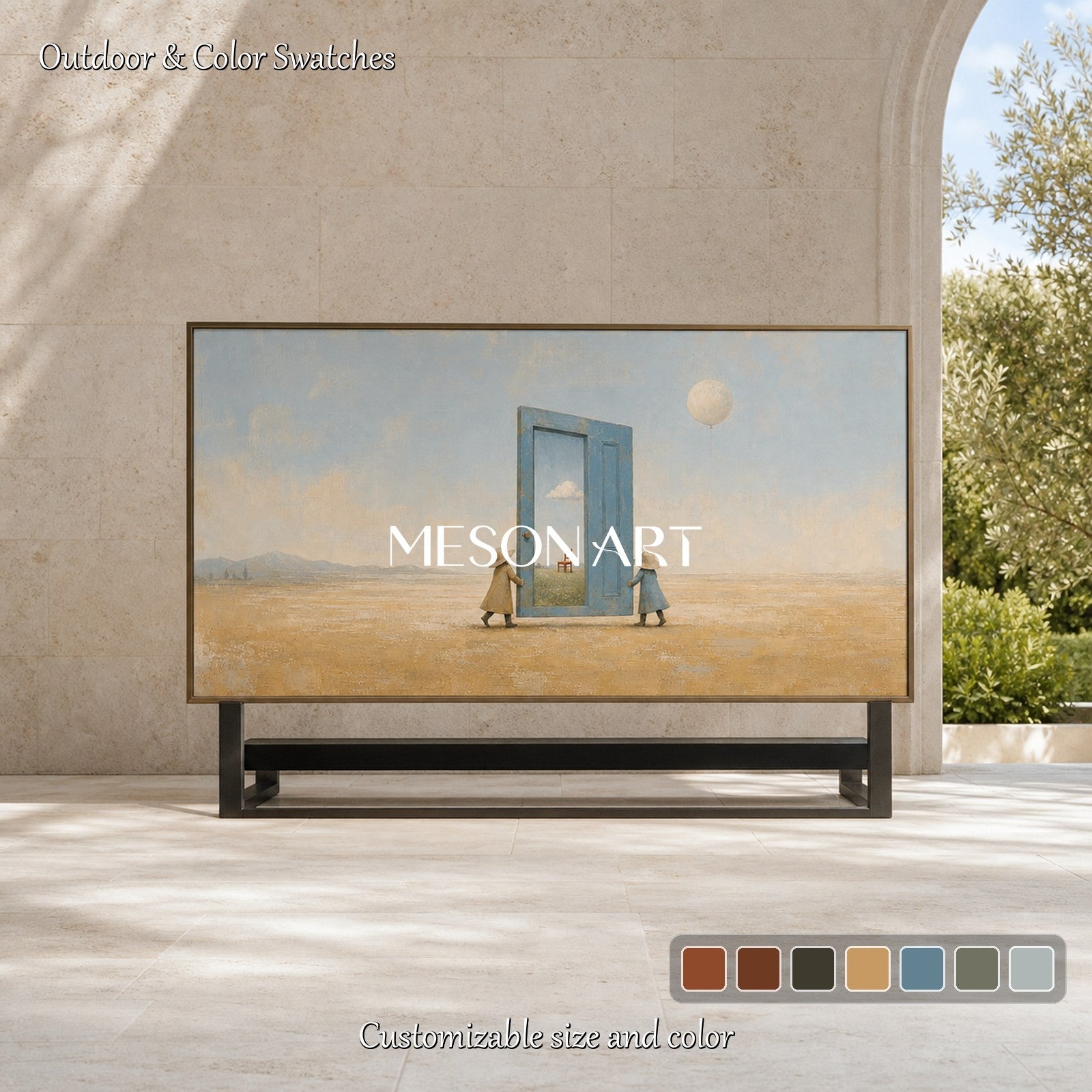 Surrealist Art Painting With Door And Figures For Living Room Decor
