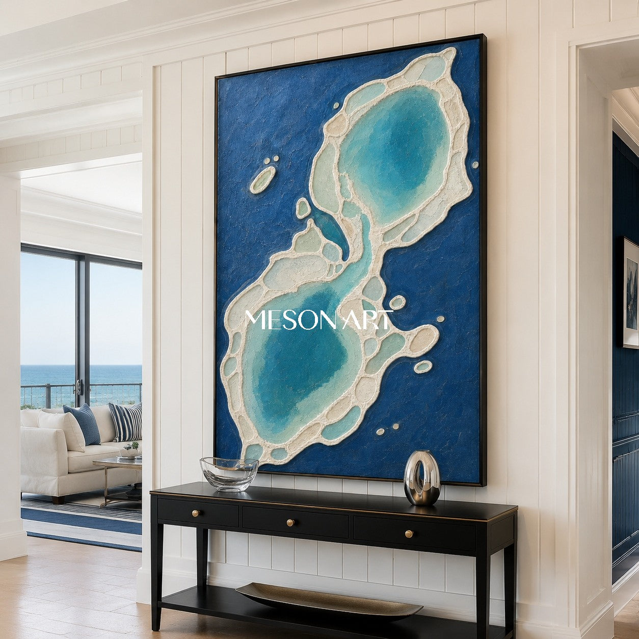 Azure Biomorphic Ocean Art With Soft Impasto Texture For Modern Living Room Decor