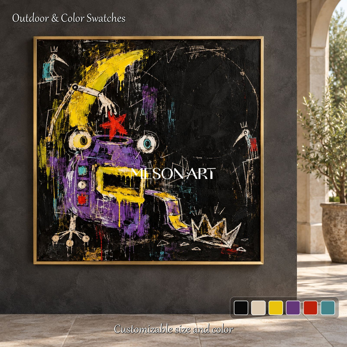 Black And Yellow Abstract Graffiti Pop Art Square Painting Original Artist Hand Painted Wall Decor For Living Room By Mesonart
