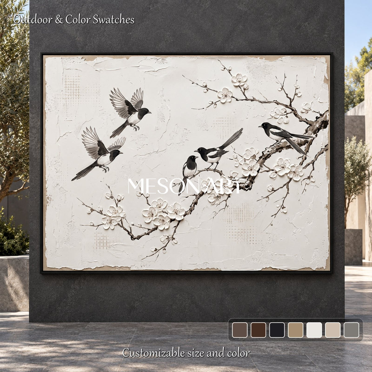 White And Black Magpie Plum Blossom Painting Rectangular Wall Art Original Artist Hand Painted By Mesonart