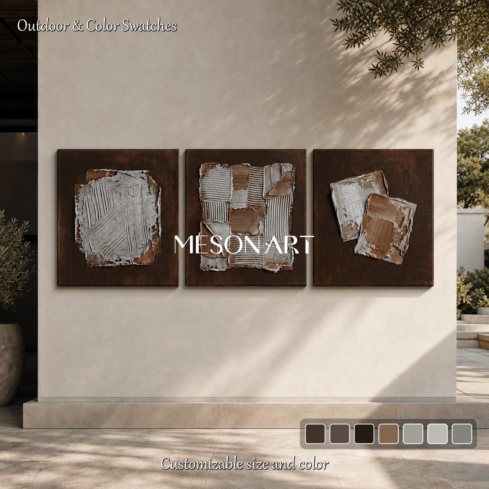 Brown Minimalist Triptych Wall Art With Textured Relief For Contemporary Living Room Decor