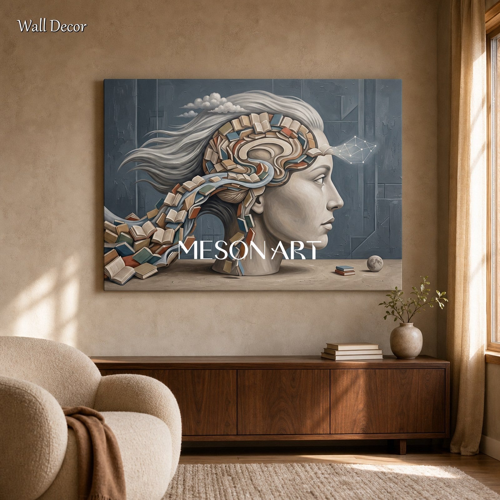 Surrealist Abstract Painting Of Mind And Books For Modern Home Office Decor