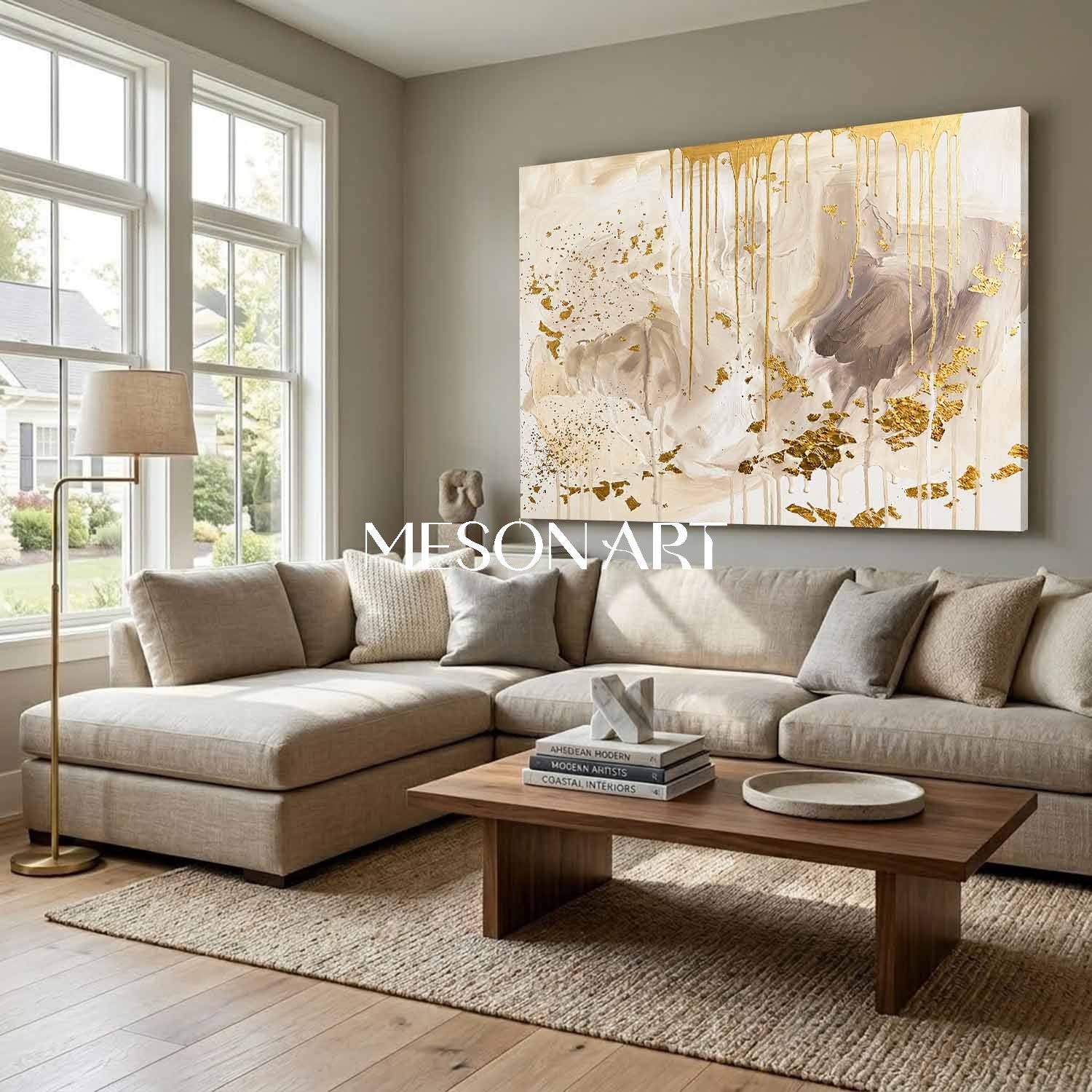 Luxury Gold Leaf Abstract Art With Cream Neutral Tones For Modern Living Room Decor