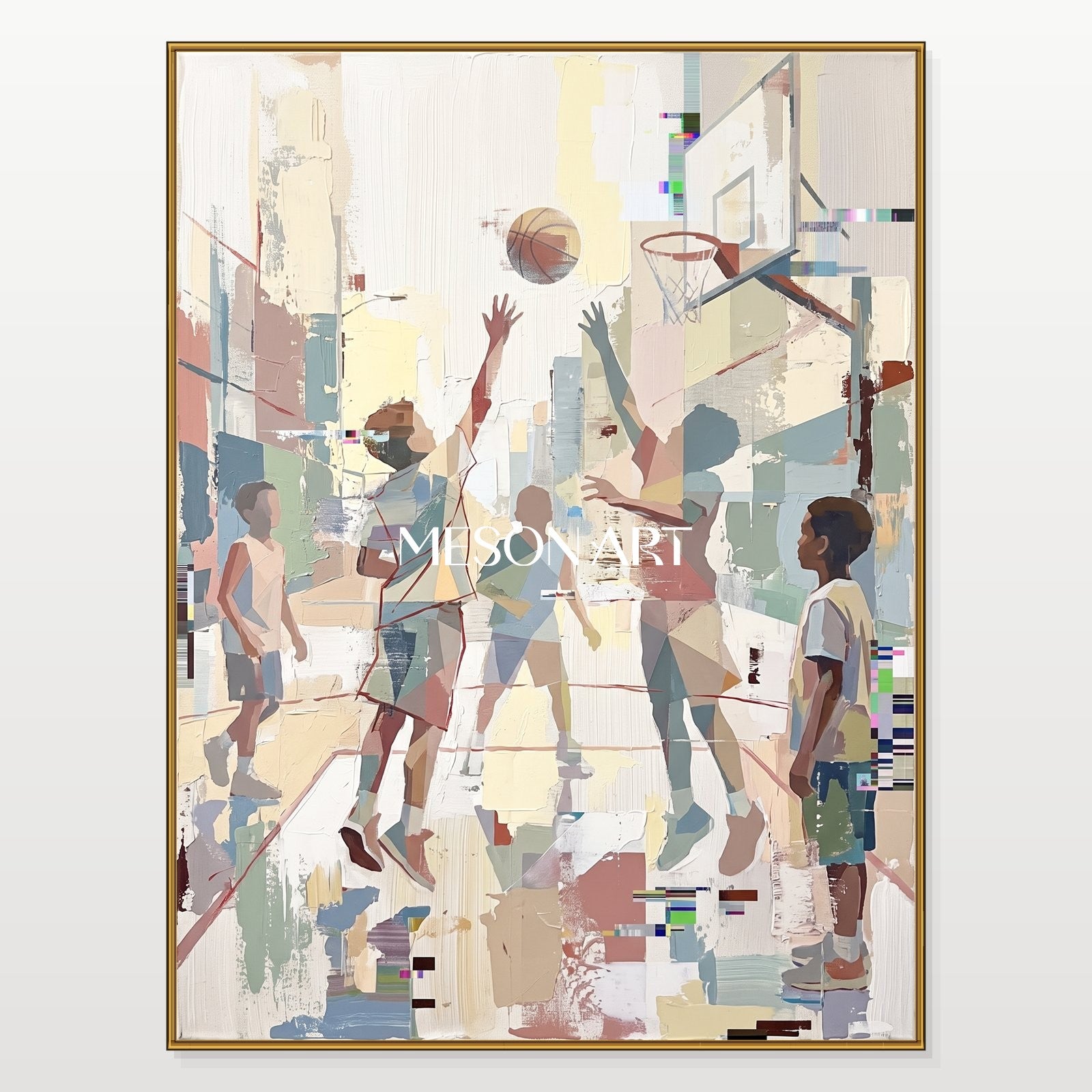 Beige Abstract Figurative Painting Contemporary Sports Art For Living Room Rectangular Wall Decor By Mesonart