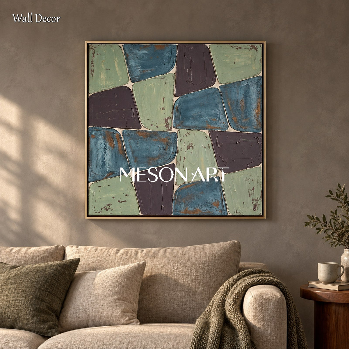 Blue And Green Minimalist Square Wall Art Original Artist Painting For Living Room By Mesonart